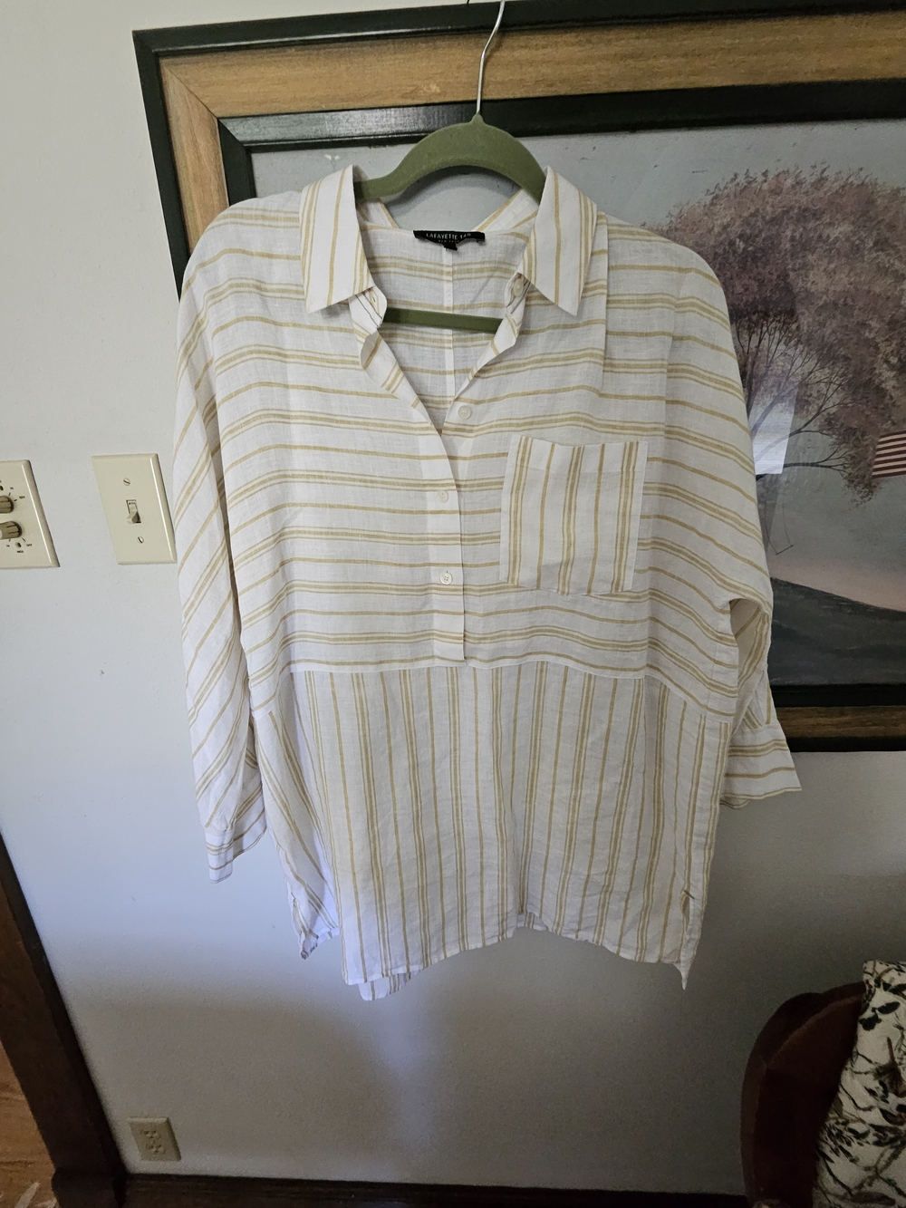 Lafayette 148 New York White Button-Front Shirt with Yellow Stripes Sz Large